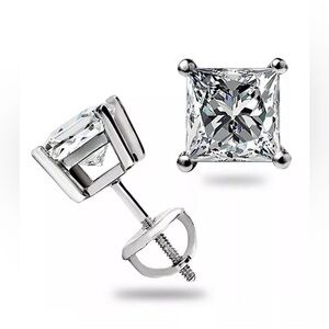 4Ct Princess Cut VVS1/D Lab Created Studs Earrings 14k White Gold 7mm Screw Back